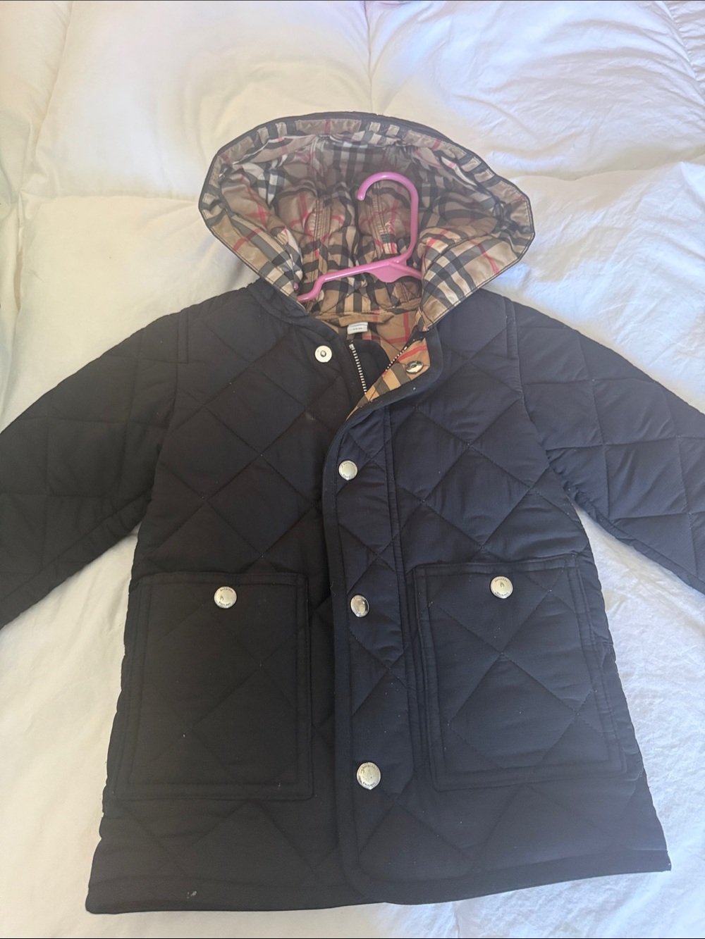 Burberry Navy Quilted Kids Hooded Puffer with Check-Lined Hood